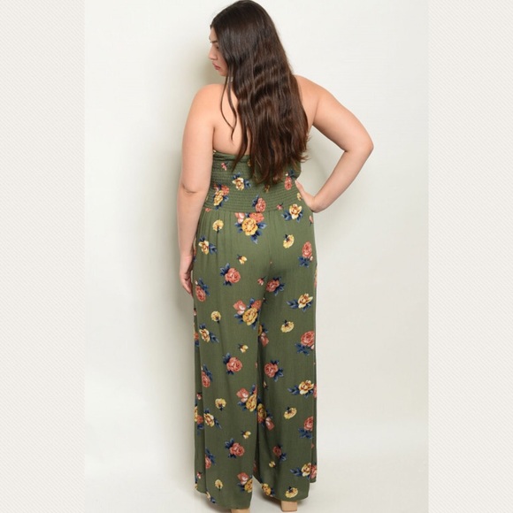Plus Size Olive Green Floral Print Jumpsuit Romper - Picture 3 of 4
